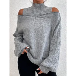 Mandylandy Off Shoulder Sweaters Semi-turtleneck Sweater Jumpers Pullovers Loose Large Long Sleeve Knitted Sweater for Women