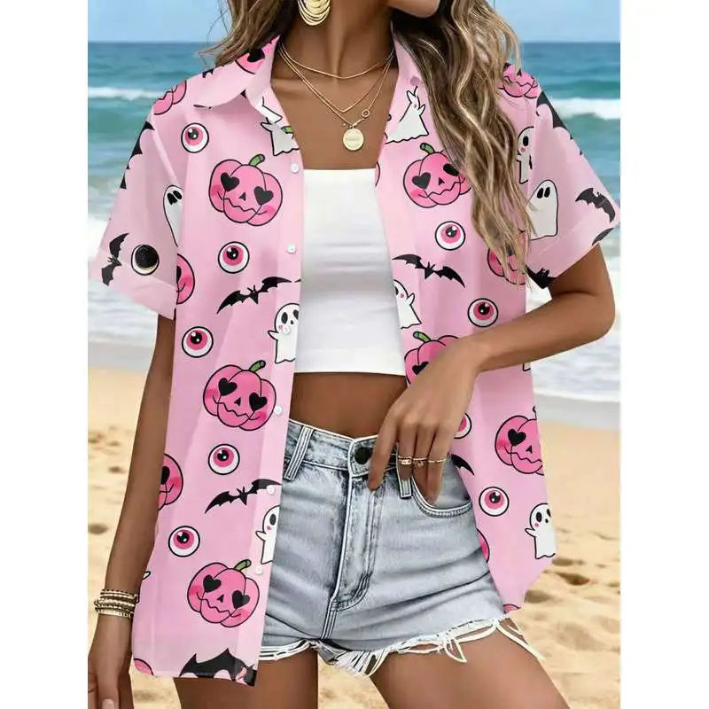 Women's Casual Short Sleeve Shirt with Pink Base All-Over Pumpkin Bat Ghost Halloween Pattern Button-Up Top Machine Washable