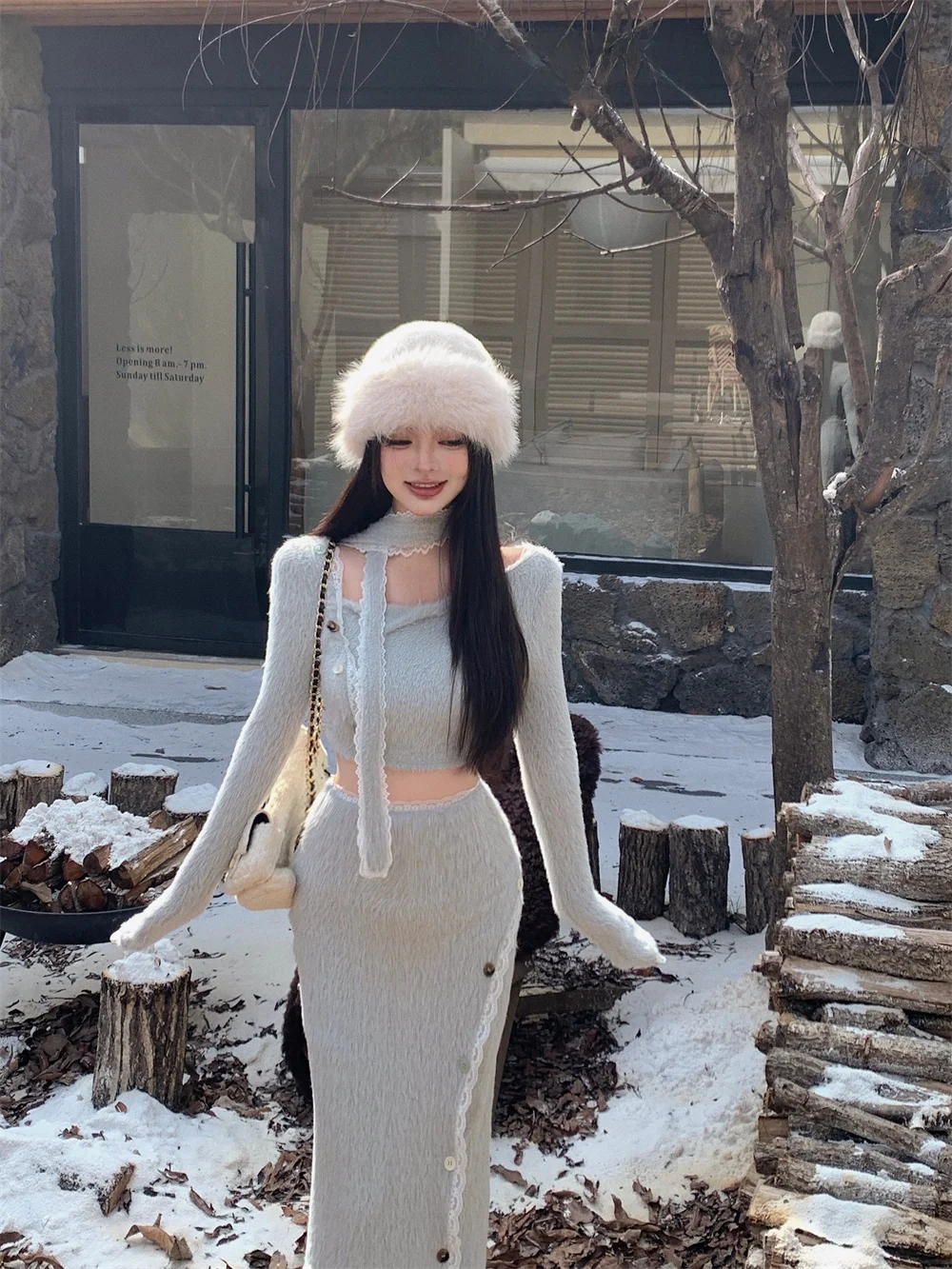 

Women's Winter Knitted Long Sleeve Soft Fur Vest And Skirt Set High Waist Dress Two-Piece Suite Commute Style Casual Wear