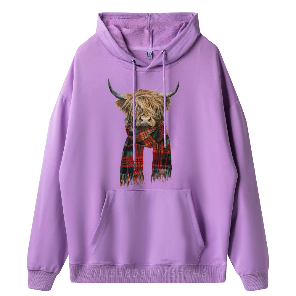 Cute Highland Cow Wearing Buffalo Plaid Scarf Farming Farmer Street Wear Hoodies Tshirts Men Party