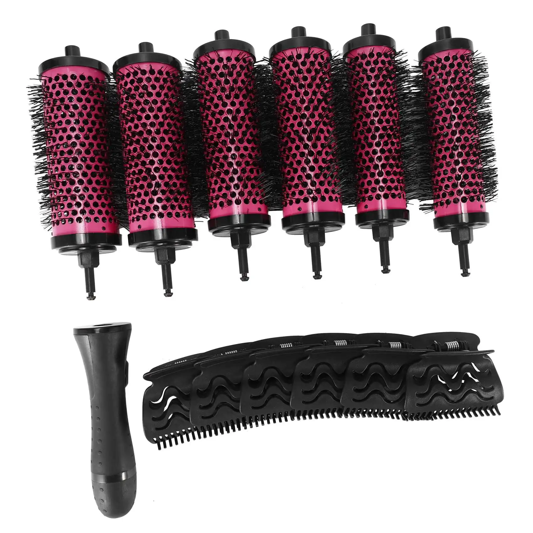 6pcs/set 3 Sizes Detachable Handle Hair Roller Brush with Positioning Clips Aluminum Ceramic Barrel Curler Comb Hairdresser