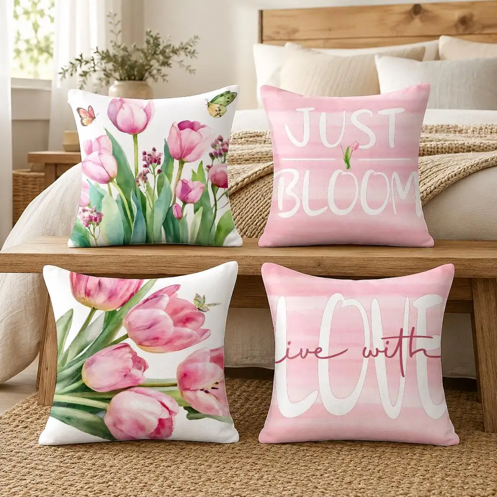 Pink Tulip Flower Design Cushion Cover Soft Short Plush Pillow Cover Smooth Cozy Texture Cushion Case Home Decor