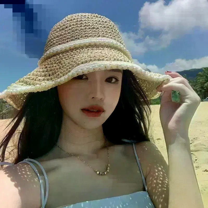 Women's Wide Brim Lace Straw Hat Beach Hollow-out Sun Cap For Seaside Vacation