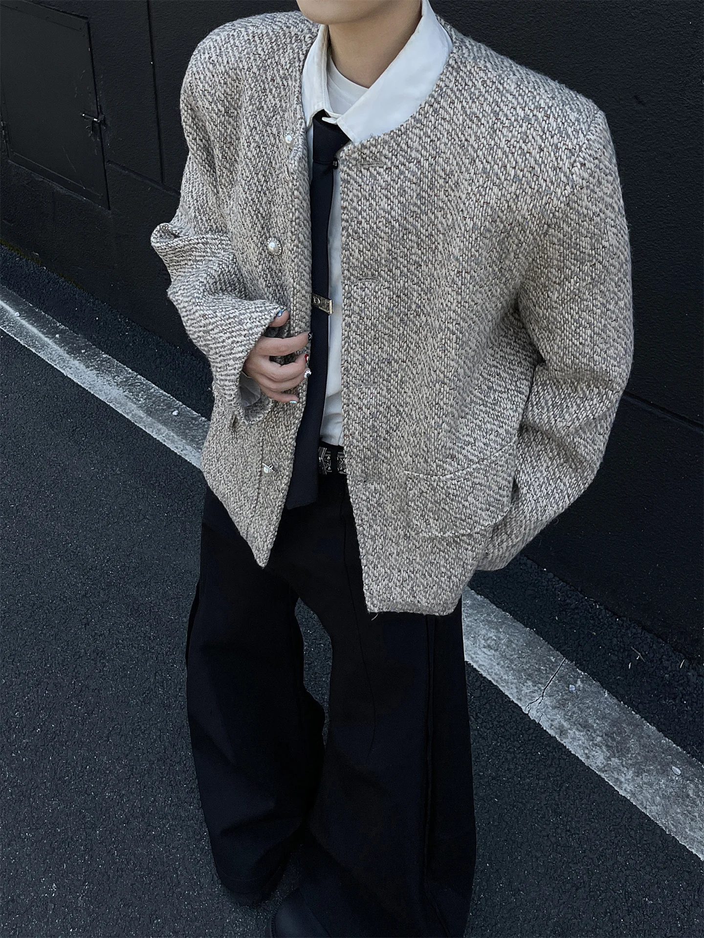 Preppy Style Men's Short No-Neck Jacket Youthful Trendy Thickened Tweed Suit Outerwear Casual Smart British Style Zipper Closure