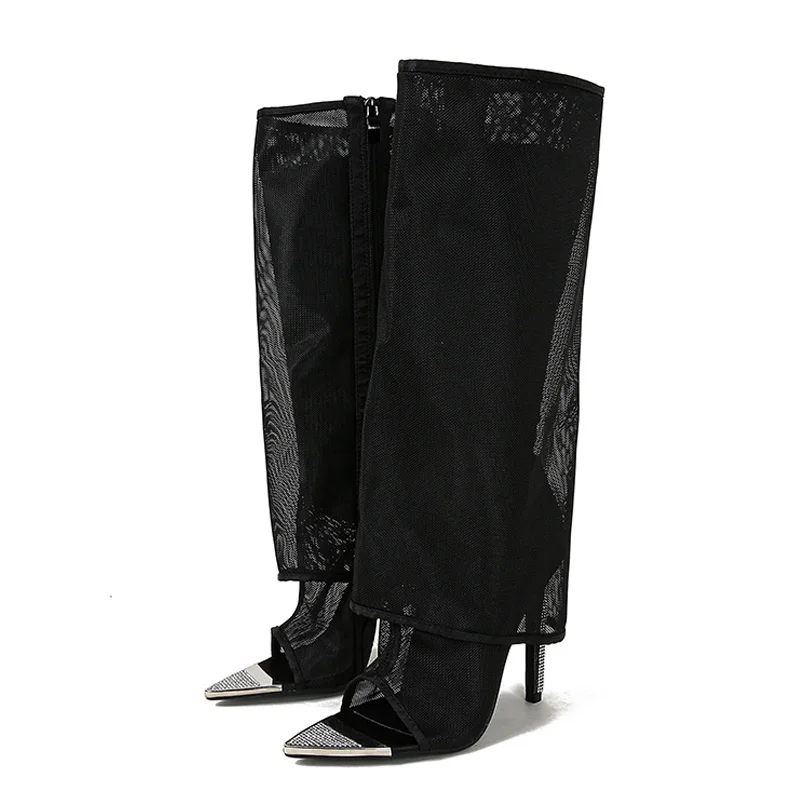 Eilyken Sexy Fashion Mesh Women Knee-High Boots Very Light Comfort Thin Heels Open Toe Dancing Sandals Shoes Zapatillas De Muje