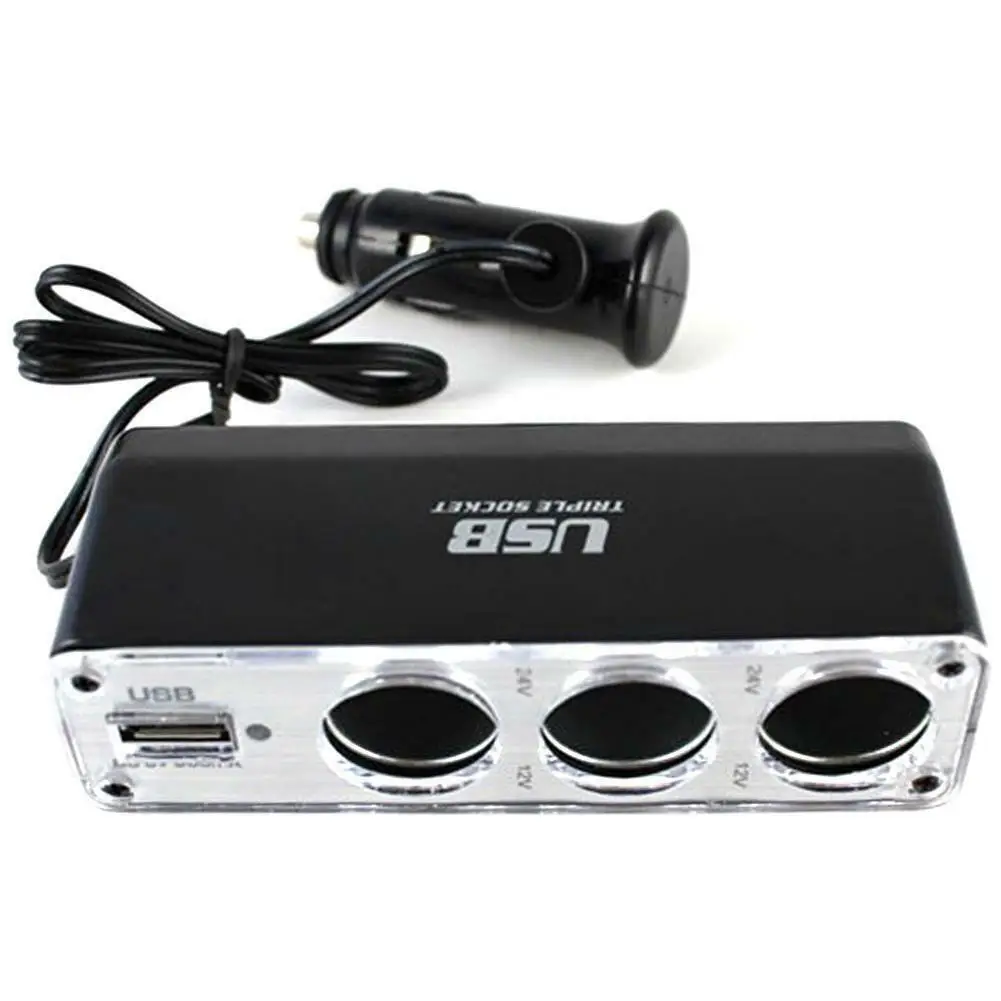 12V/24V 3 Way Multi Socket Car Cigarette Lighter Splitter USB Plug Charger Triple Adapter With USB Port Car Accessories