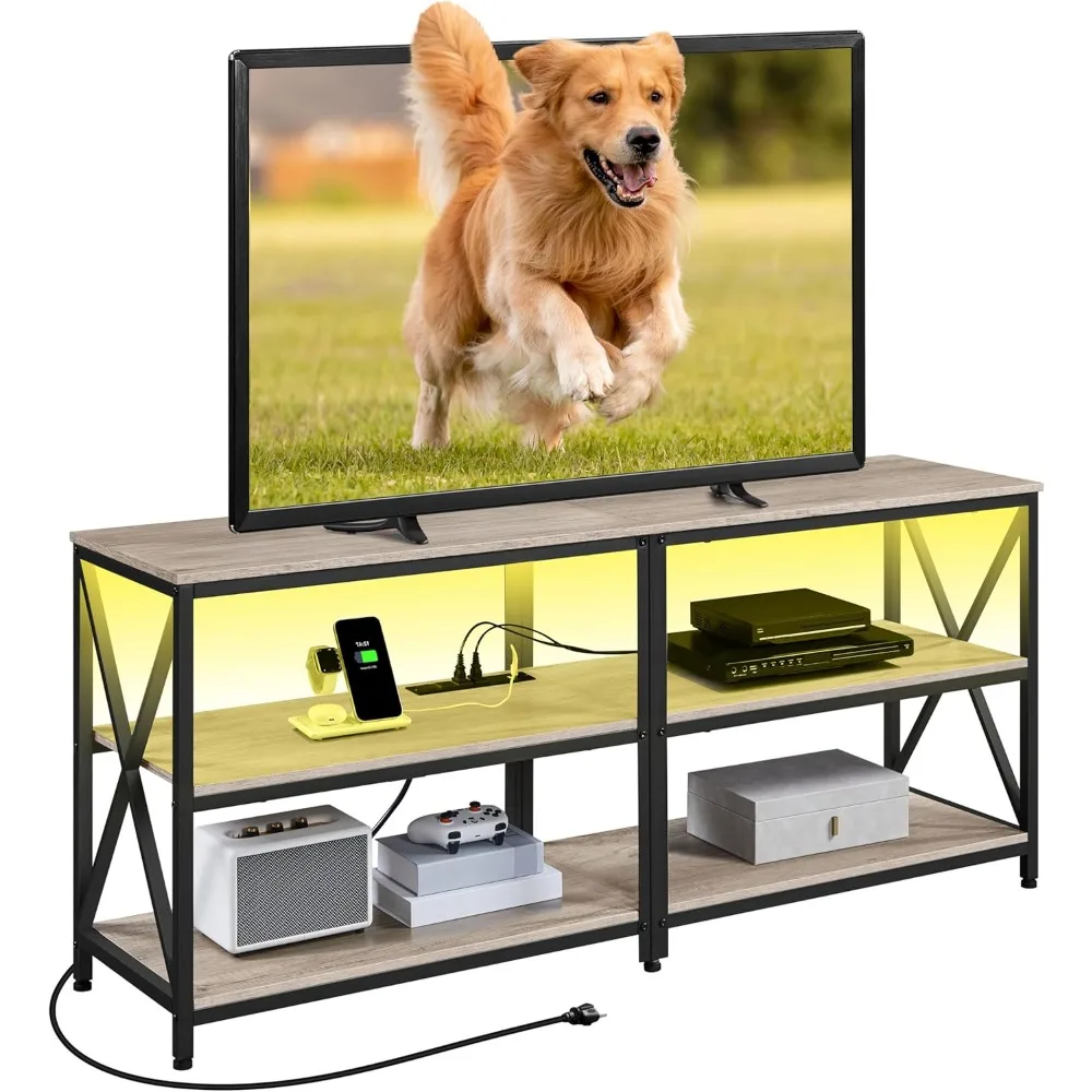 Centro de entretenimento de estilo industrial com luzes LED e tomada de energia para TVs de 65 polegadas, console de TV de 3 camadas