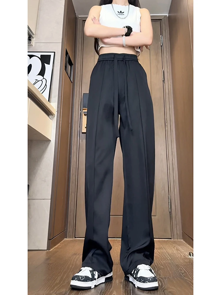 

Bla Pleated Ice Silk Men's Summer Long High Waist Qui Dry Straight Leg Dstring Wide Leg Pants Casual Faion Trend