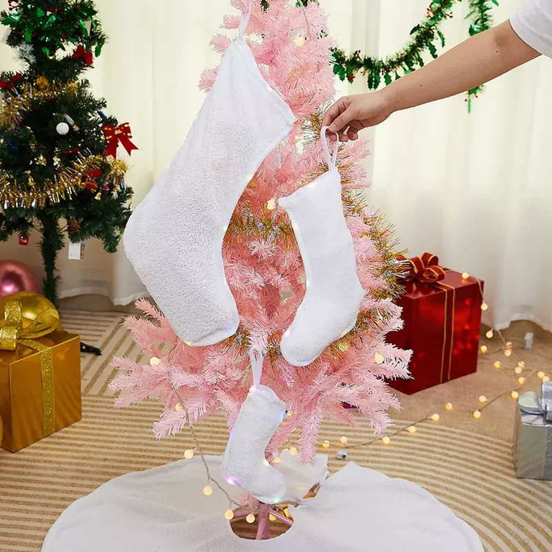 Festival Sublimation Blank White Linen Santa Socks With Led Light Christmas Stocking Xmas Tree Decoration for Custom Logo Gift