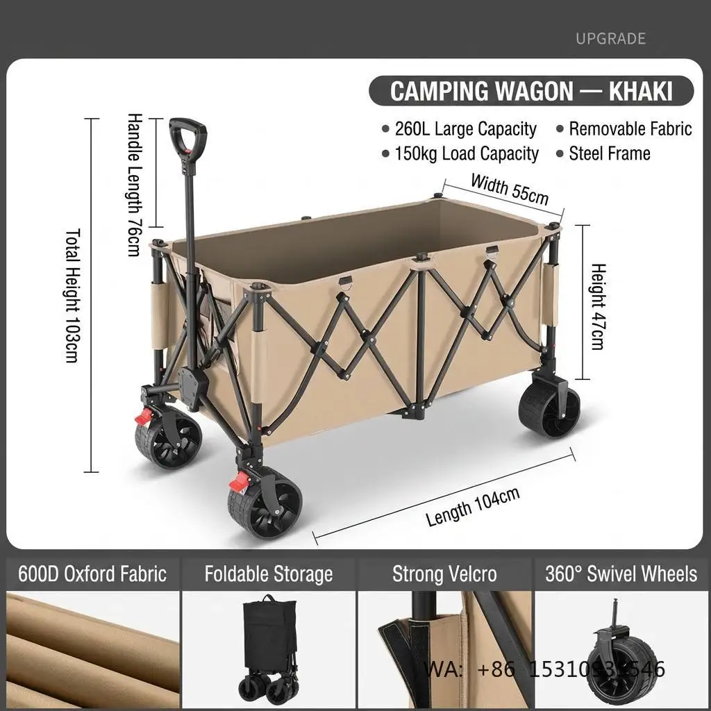 Reinforced Steel Frame Four-Wheel Foldable Wagon 150kg Load All-Terrain Beach Cart for Tools XL
