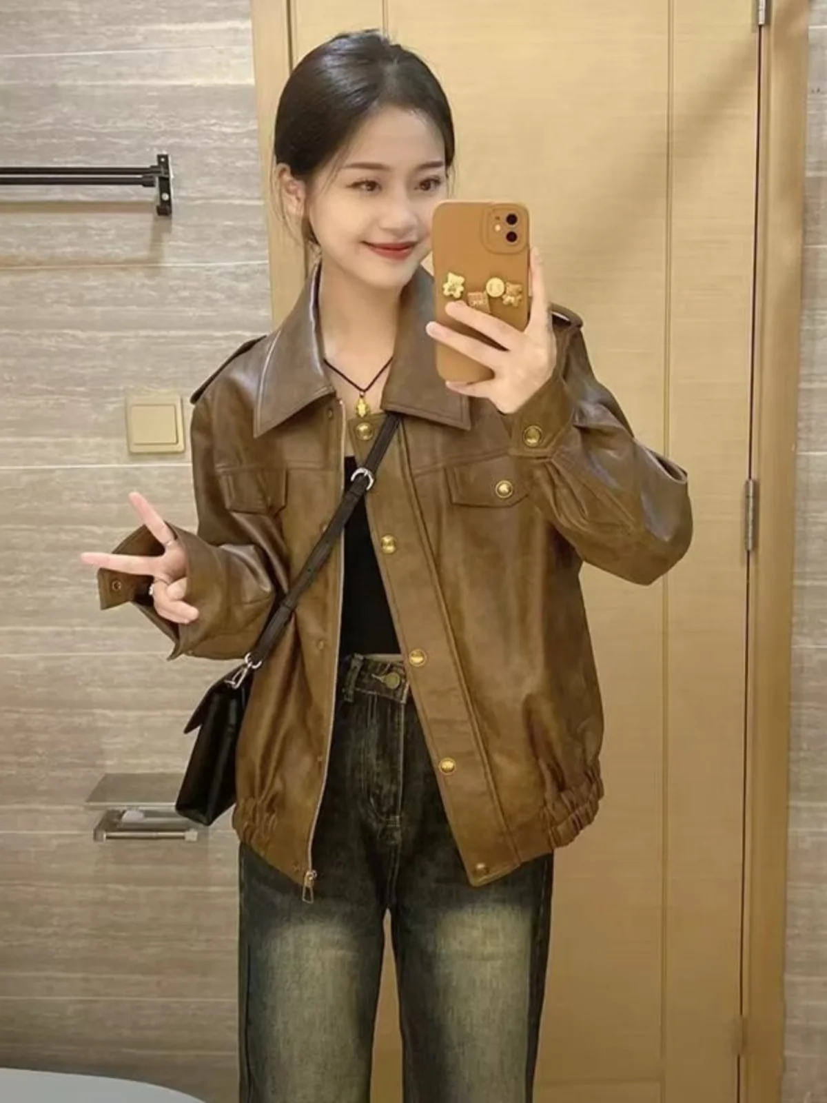 

2026 New Coffee PU Leather Jacket Women's Autumn Winter Loose Casual Versatile Open Cardigan Short Trendy Outerwear