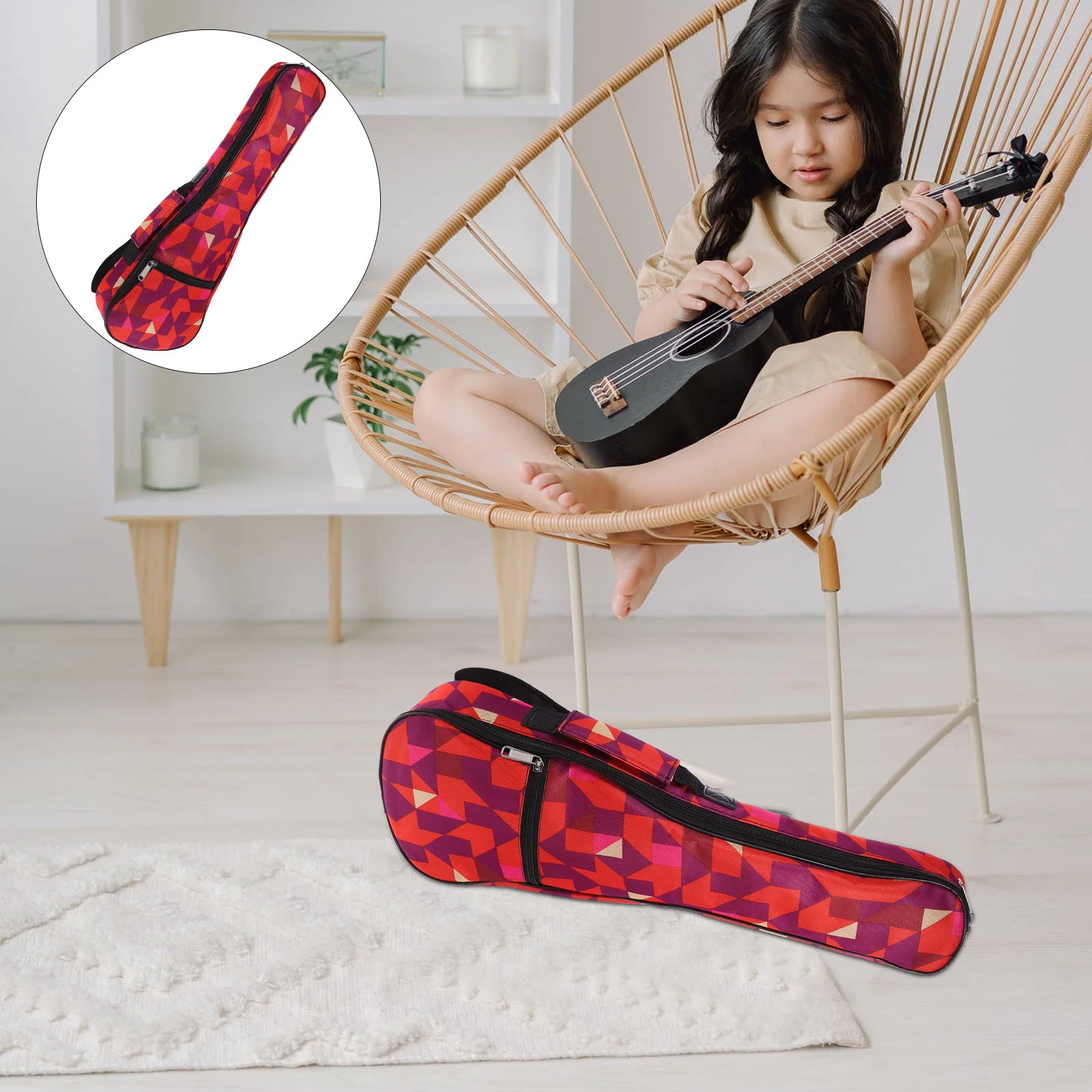 21 Inch Waterproof Ukulele Bag Red Oxford Cloth Portable Tote Backpack Geometric Pattern Thick Material Protects Rain Damage