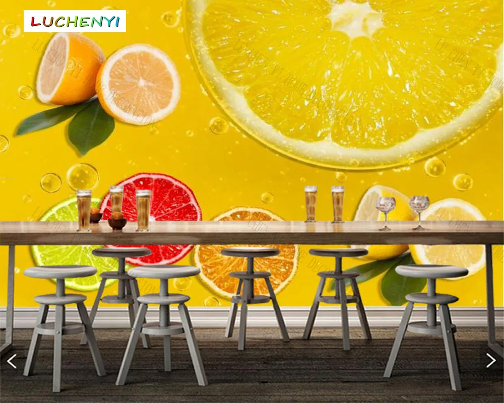 Papel de parede custom yellow lemon fruit 3d wallpaper mural,cool drink restaurant juice shop dining room wall papers sticker