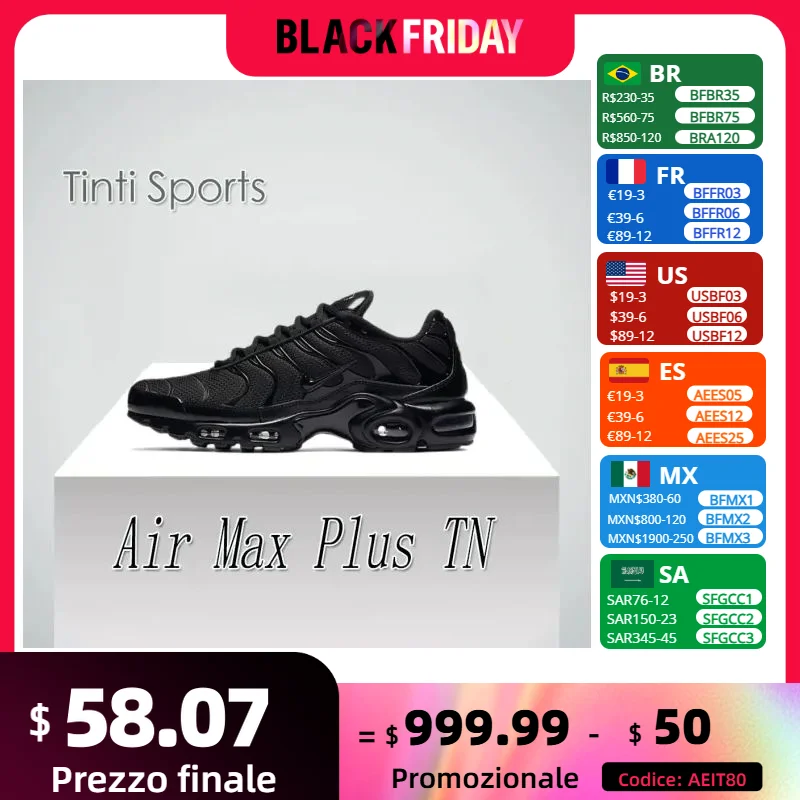 Nike Air Max Plus TN Men's and Women's Sneakers Fashionable and comfortable casual shoes Lightweight and wearable solid black