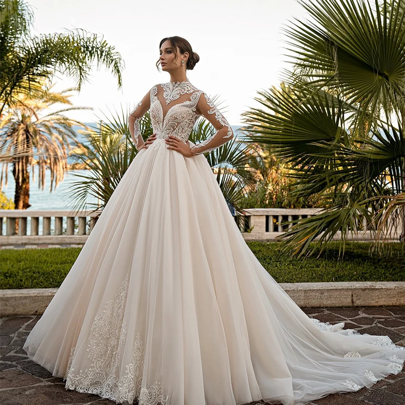 

High-Neck Wedding Dress Elegant Organza With Embroidery A-Line Ball Gown Full Sleeve Customized Bride Button Vestido De Novia