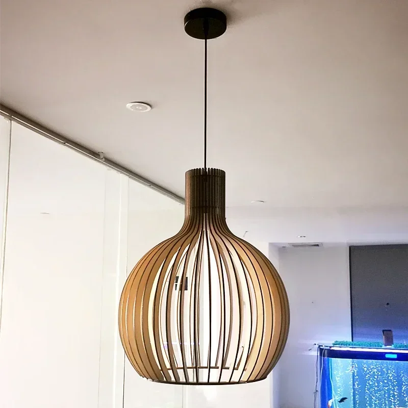 Japanese Retro Wooden Bird Cage Restaurant Chandelier LED New Chinese Lantern Restaurant Living Room Bedroom Bedside Lamp