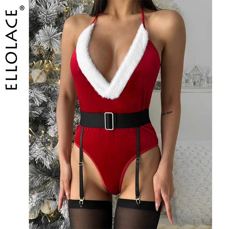 Ellolace Bunny Christmas Lingerie Bodysuit Velvet Red Erotic Costumes Hair Band Deep-V Sweet Girl Festival Set Woman 3 Pieces