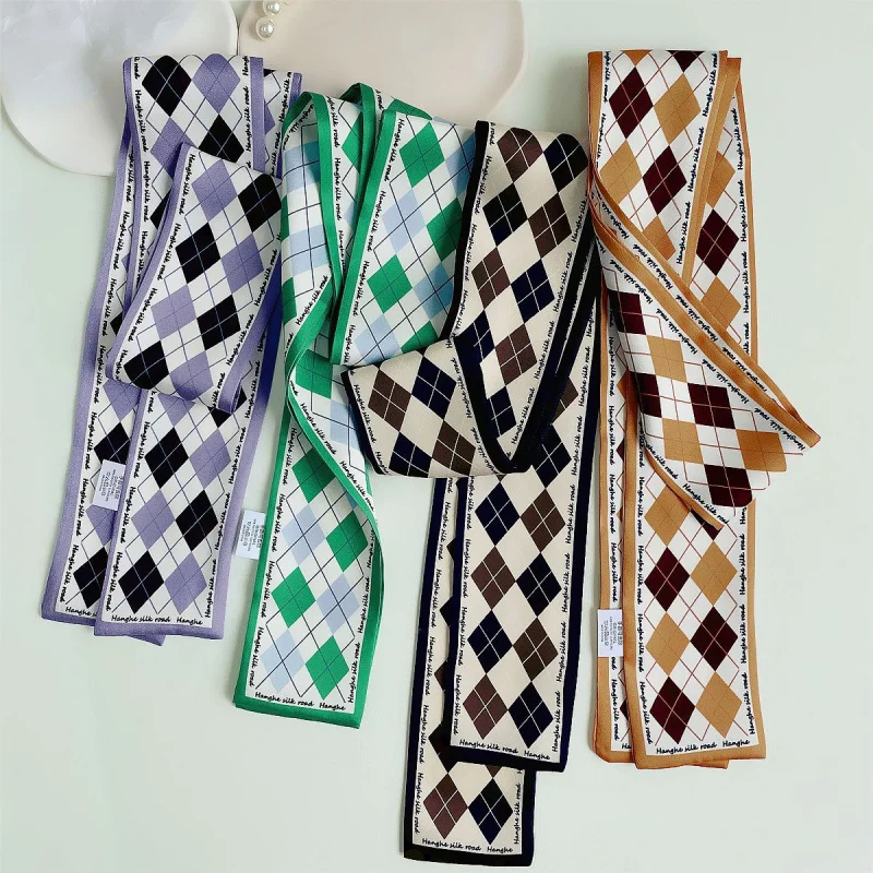 130cm Japanese and Korean Artistic All-Match Green Small Plaid Female Ornament Ribbon Hair Band Arm Bag Silk Scarf Small Scarf