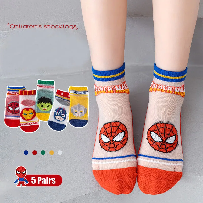 5 Pairs Cartoon Spiderman Iron Man Kids Socks Cotton Summer Thin Breathable Children socks Baby boys short socks 1-12 Y