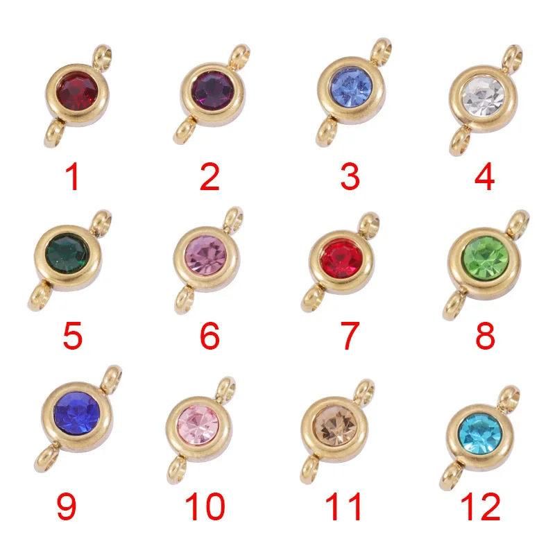 

12Pcs/Lot Stainless Steel Birthstone Two Holes Beads Rhinestones Charms For DIY Jewelry Making Necklace Bracelet Accessories