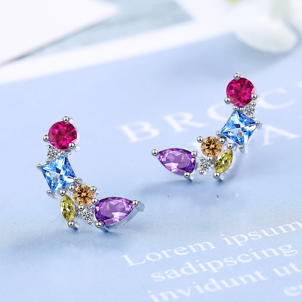 925 Sterling Silver Light Luxury High-end Rainbow Zircon Stud Earrings, Birthday Party Anniversary Gift