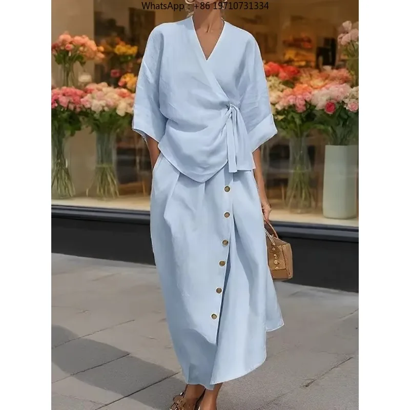 Women V Neck Three Quarter Sleeve Lace Up Top With Maxi Skirt 2 Piece Set Solid Patchwork Spring Summer Casual Outfit