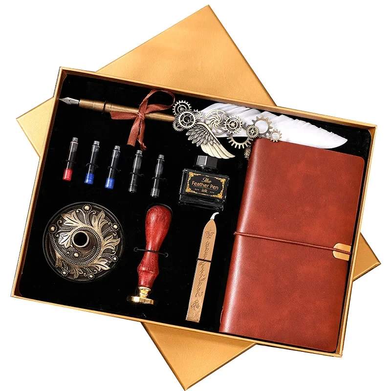 

Feather Notebook Fire Paint Seal Stationery Gifts Creative Retro Feather Pen Set with Ink Bag Custom Ink Extraction Tube Pen