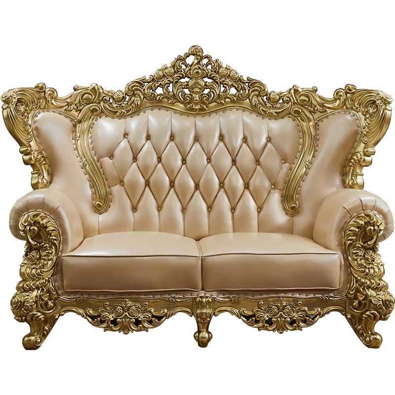 

villa sofa combination solid wood luxury leather large and small apartment French decoration 123 combination living room gold