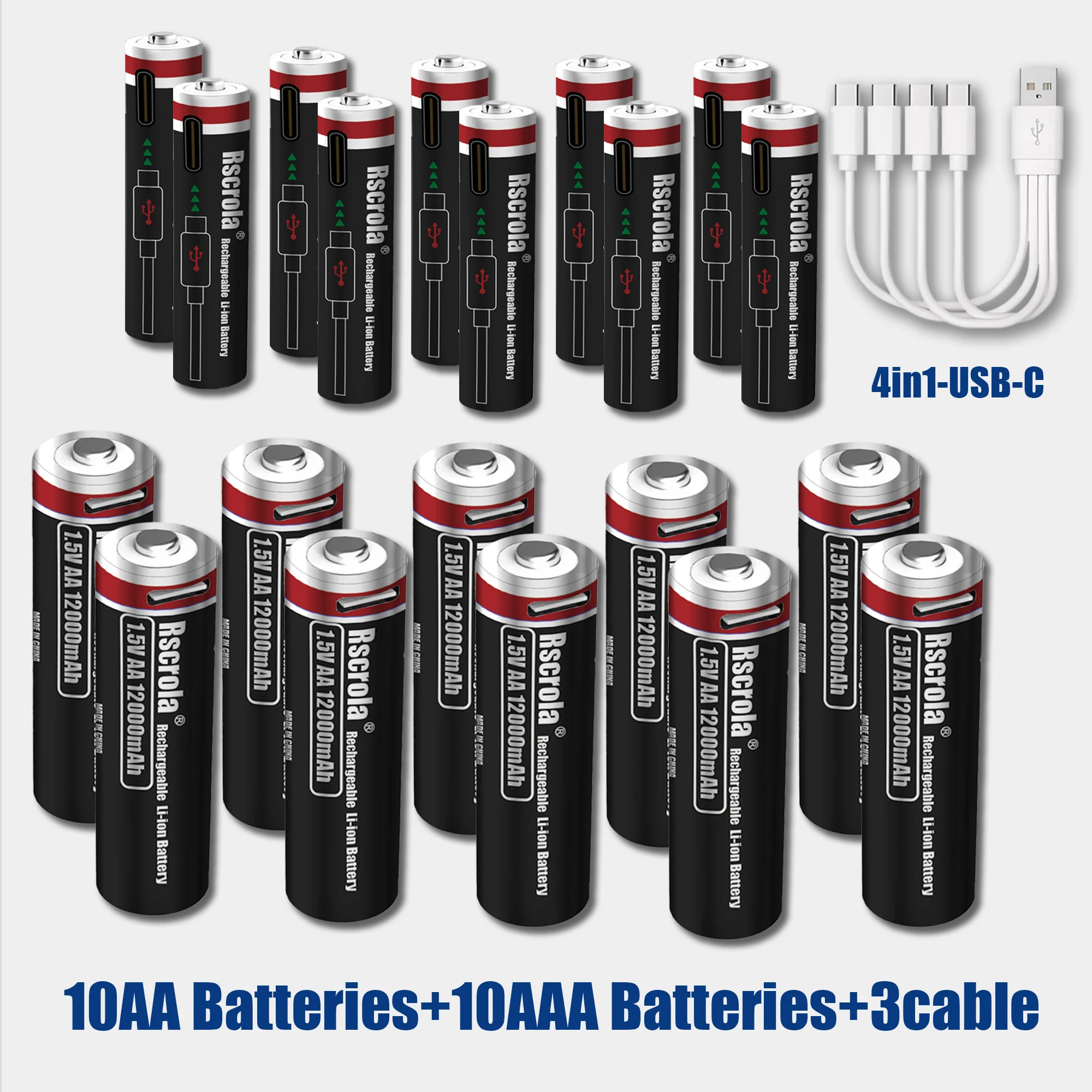 بطاريات ليثيوم أيون 1.5 فولت AA12000 مللي أمبير + AAA 8000 مللي أمبير بطاريات AA قابلة للشحن 1.5 فولت بطارية AAA مع كابلات USB-C