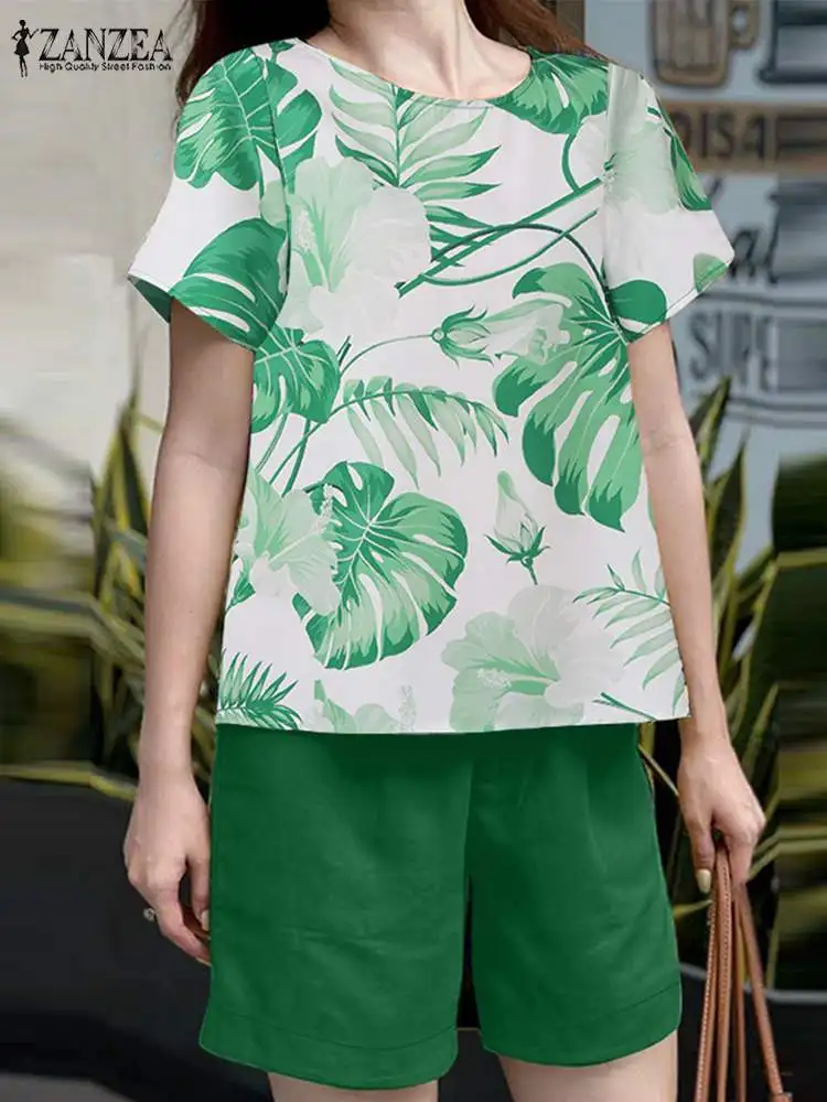 ZANZEA-Tops estampas florais e conjuntos de shorts, roupas casuais, estilo coreano, shorts soltos, sólidos, diário, feriado, 2 peças, verão, 2024