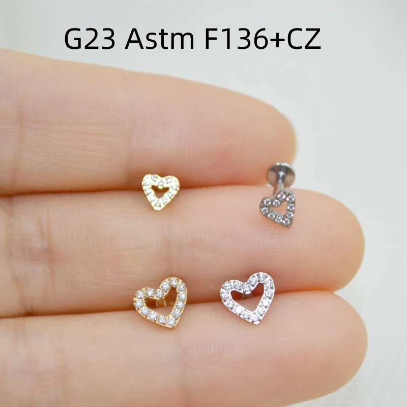 

10pcs Body Jewelry 16Gx8mm G23 Titanium Heart CZ Lip Labret Bar Ear Helix Tragus Rook Barbells Stud Piercing Jewelry New