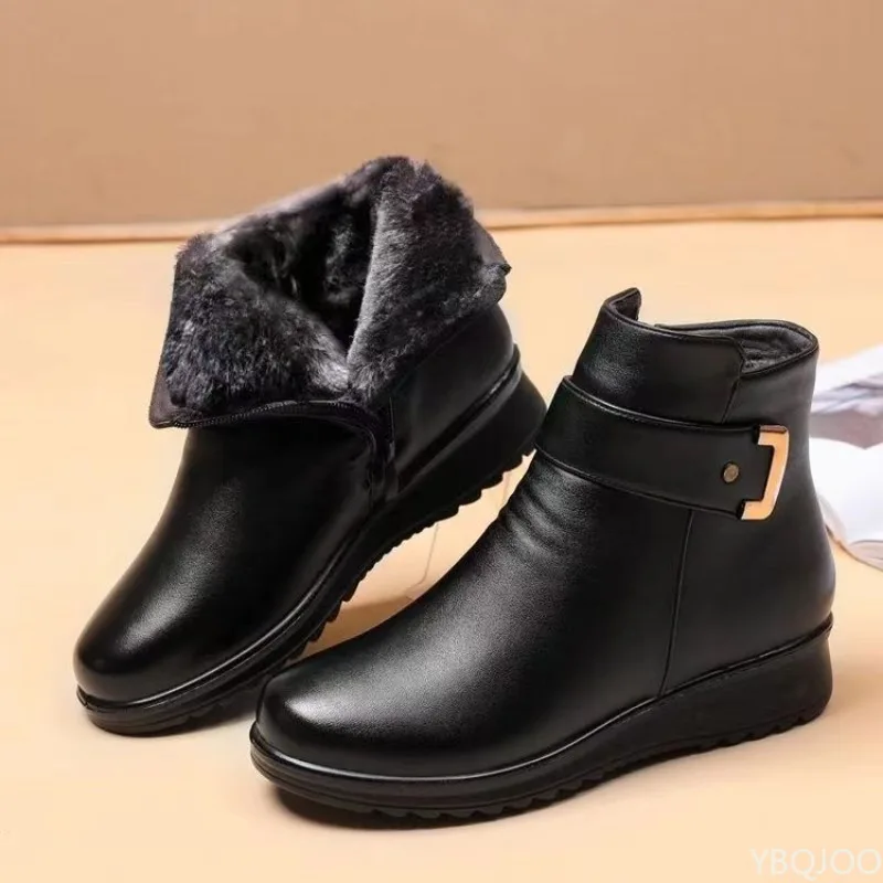 

Women's Winter Leather Plush Ankle Boots Thickened Plush Inside Women's Cotton Boots Warm Anti-chill High Top Boots Botas Mujer