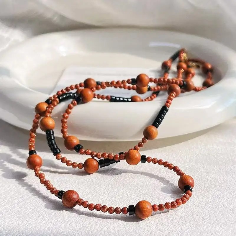 Van natural black agate sandalwood and gold sand stone multi-layer necklace sweater chain