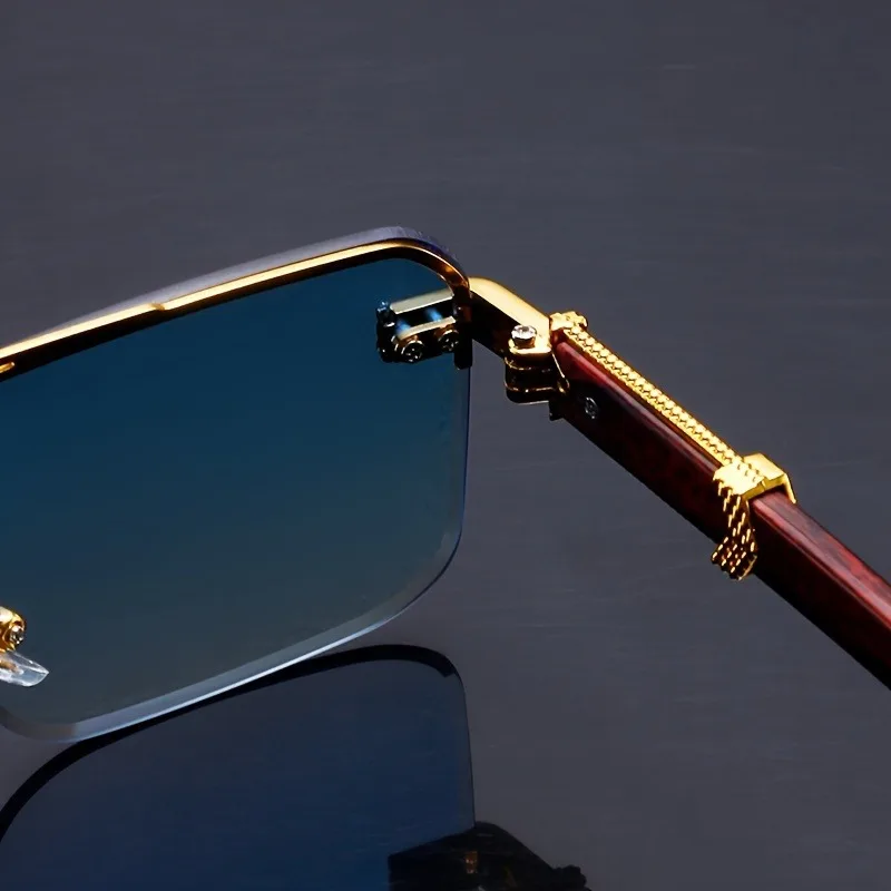 Women's Frameless Double Beam Fashion Sunglasses Golden Border Wood Grain Bracket for Male and Female Drivers Black Eyeglasses image 5