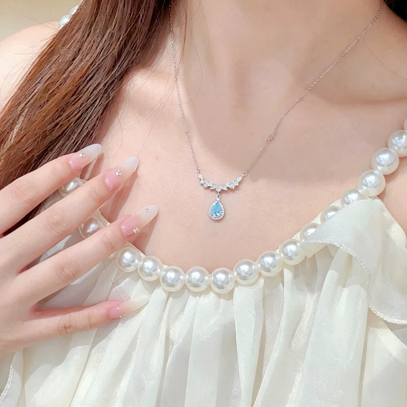 Blue Tears Necklace for Women Light Luxury High Grade Water Drop Lock Chain Fashion and Versatile Full Zircon Necklaces KOFSAC