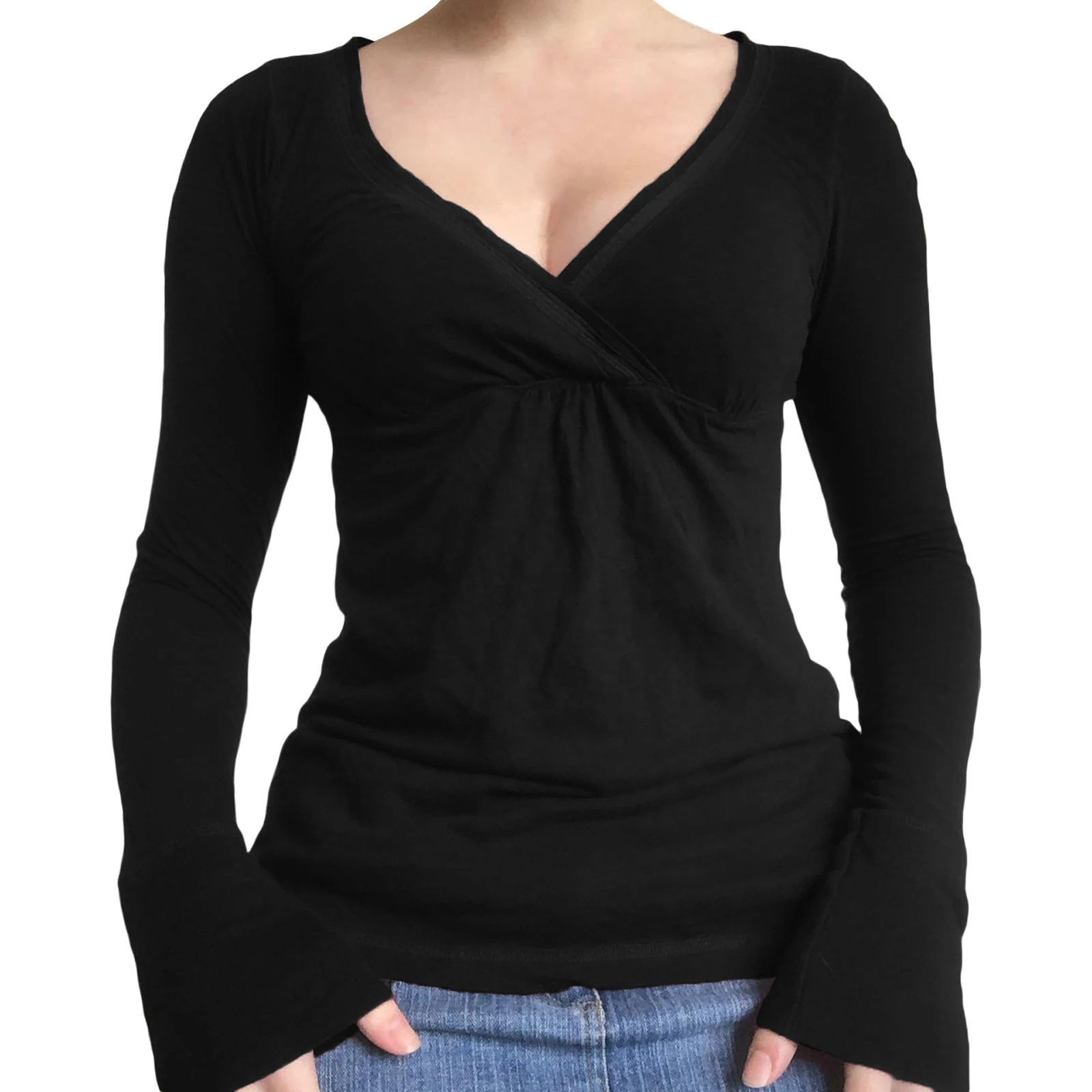 Y2K Cute Grunge Burgundy T-shirt 00s Vintage V Neck Long Sleeve 