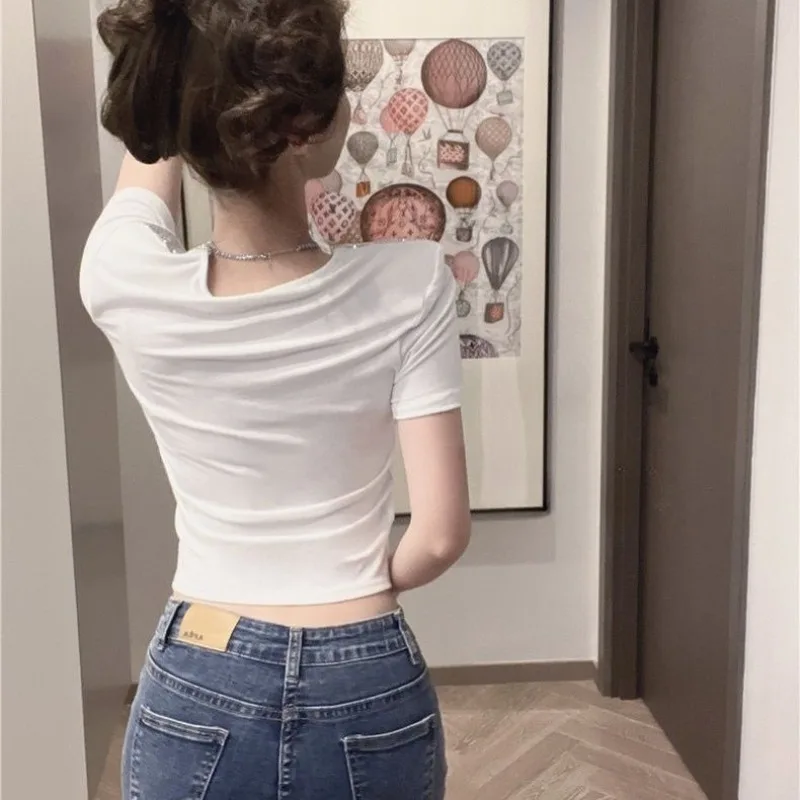 Top femminile strass collo quadrato T-shirt manica corta da donna vestito estivo abbigliamento moda sottile 2025 abiti vintage giapponesi