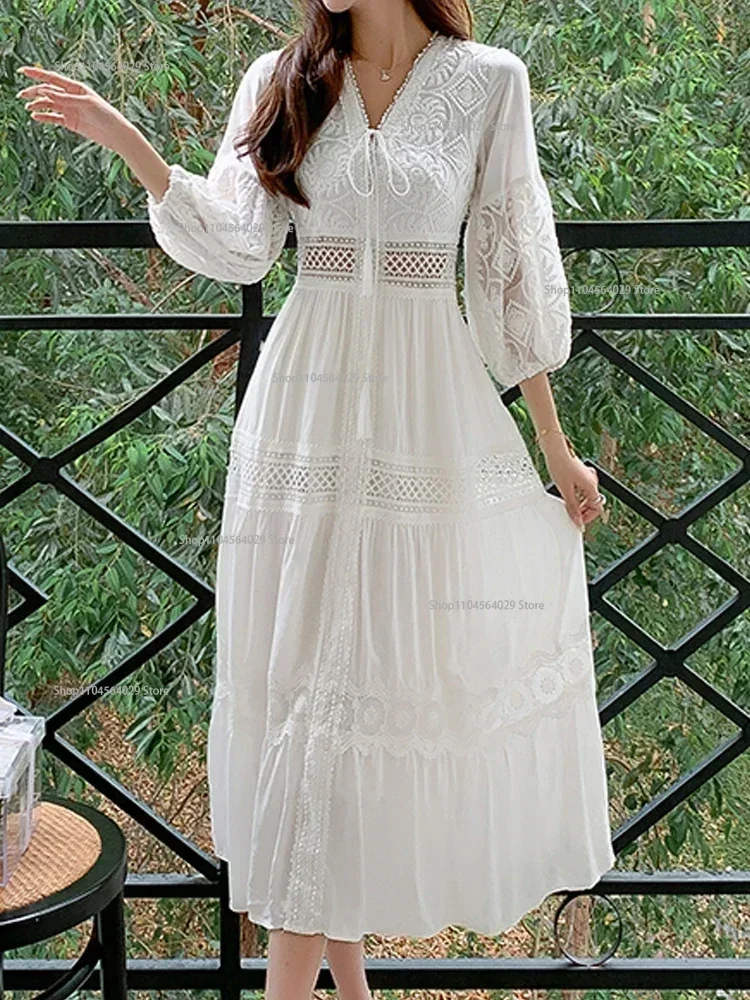 2024 White Long Dress Women Summer Boho Lace Dresses Female Beach Holiday Hollow Out Dress Ladies Elegant Vintage Loose Vestidos