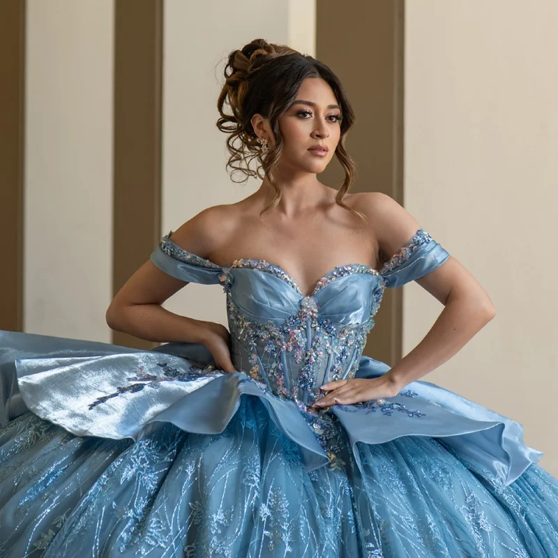 

Shiny sky blue Quinceanera Dress glitter Decal crystal Long tail Lace Bow gold stamping Vestidos De 15 Quinceanera ﻿Customize