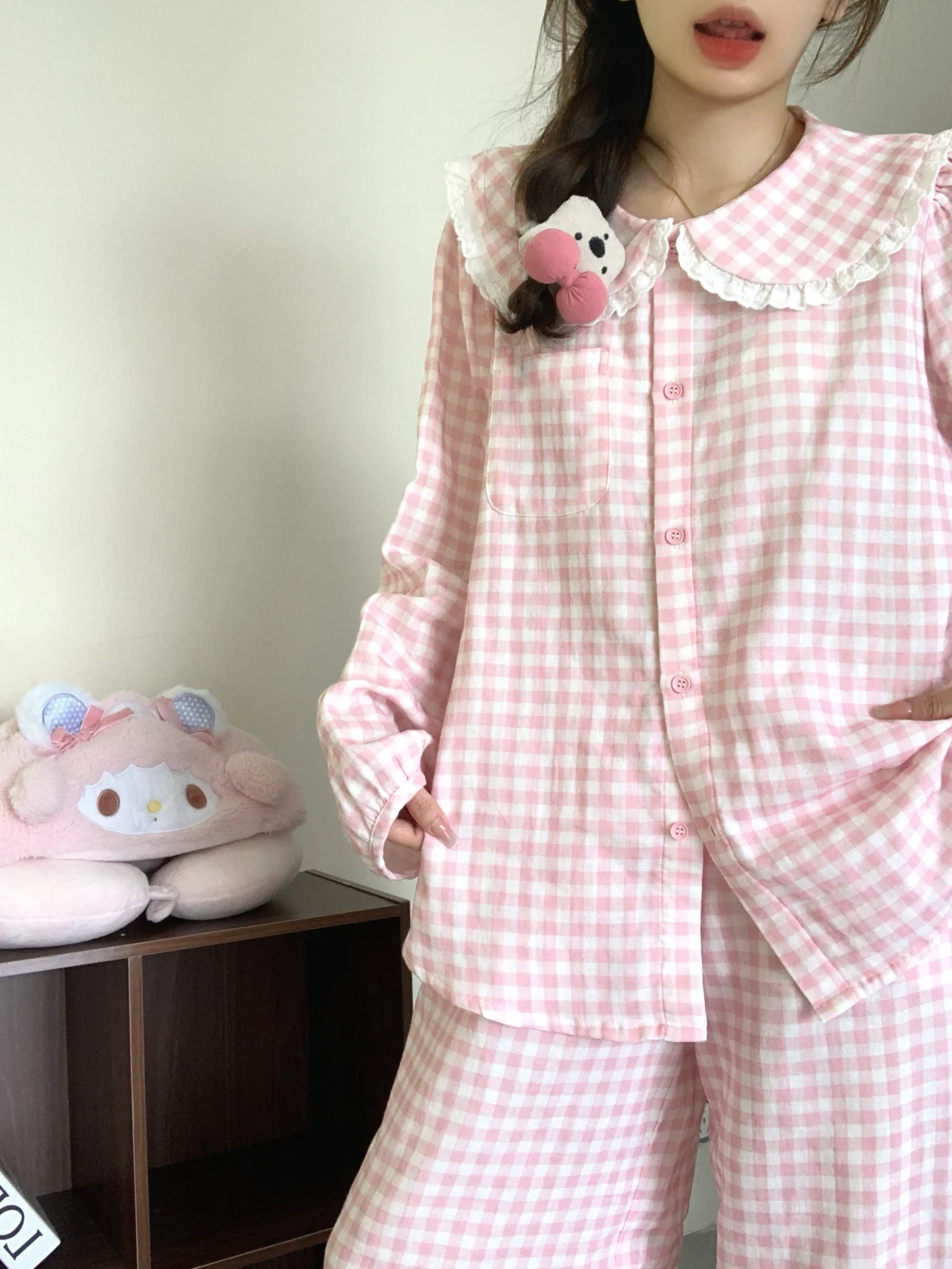 

Sweet Pink Plaid Sleepwear Women's Cloud Cotton Long Sleeve Open Cardigan Cute Doll Collar Home Clothes Set Spring Autumn