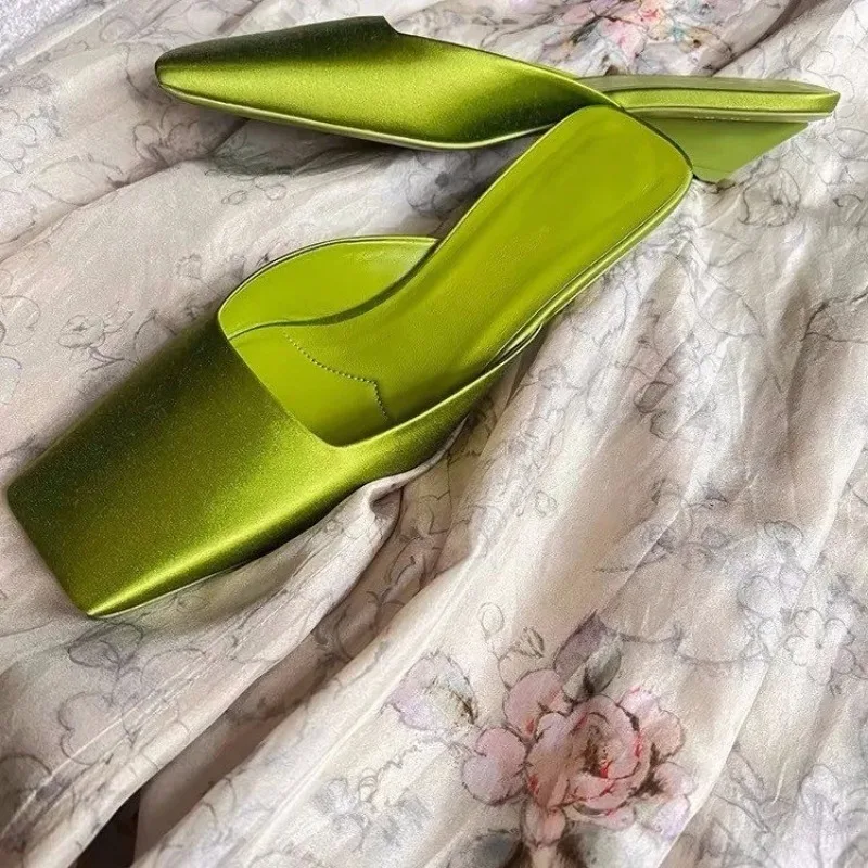 New  Green Elegant Silk Fabrics  Women Slippers Special Fashion Style Low Heels Square Toe Fashion Outwear Shallow Shoes