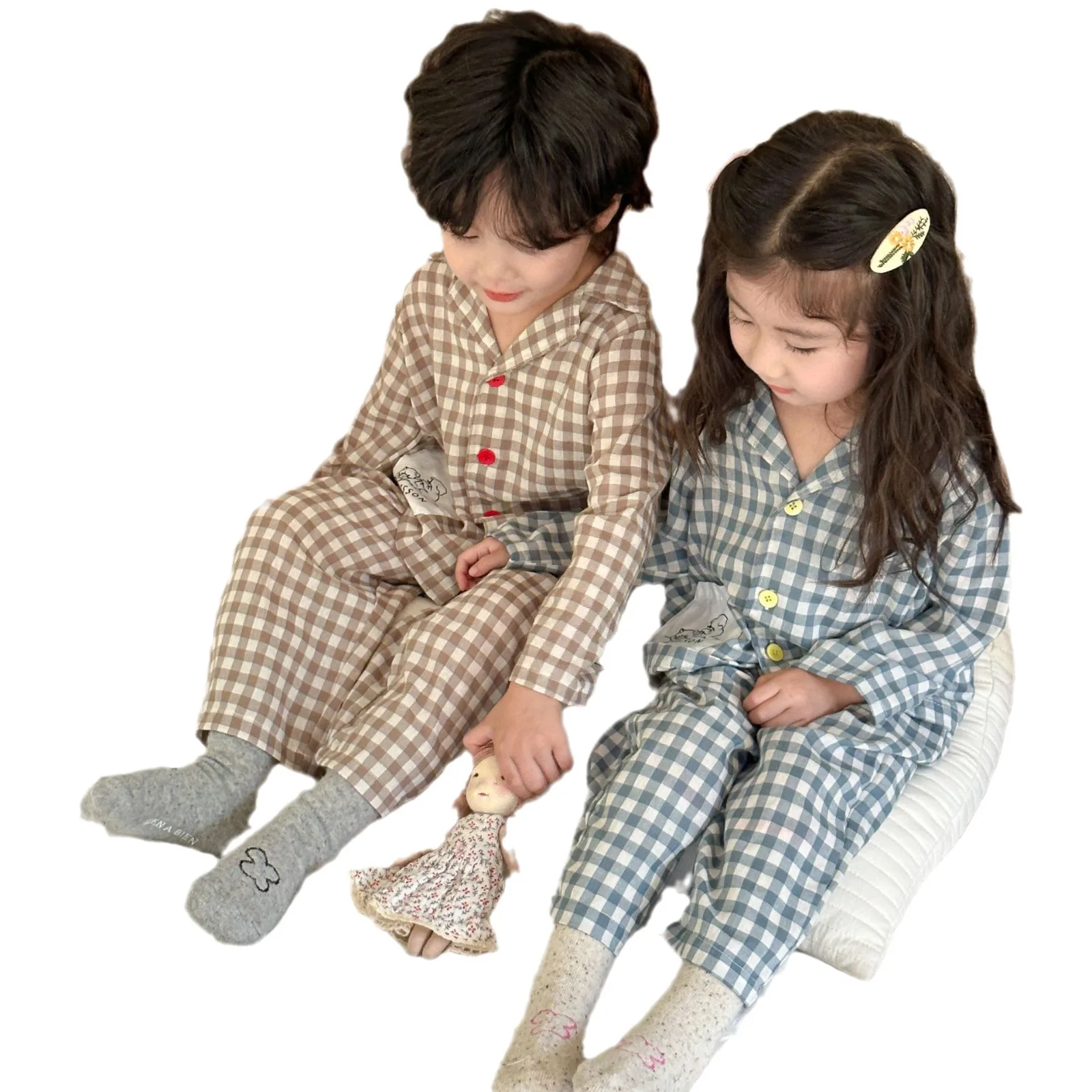 Children clothing cotton soft comfortable plaid pajamas set 2024 new spring fall boys girl fashion casual long sleeved home wear