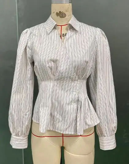 Woman Blouse 2026 New Spring Autumn Fashion Striped Temperament Turn-Down Collar Long Sleeved Waist Cinched Casual Shirt