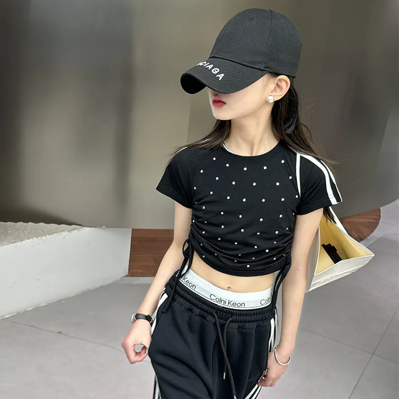 Girl\'s Fashion Set Black Hot Diamond T-shirt + Side Striped Pants Korean High Summer Set Kids Two Piece Suit Princess Clothing