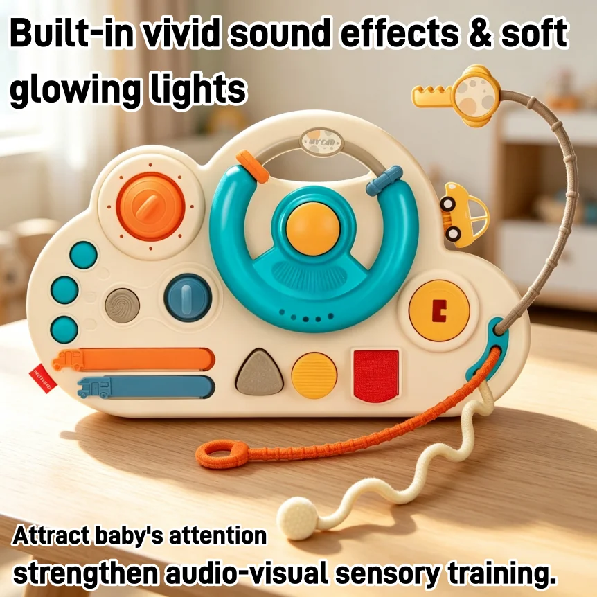 Baby Busy Steering Wheel Early Educational Toy, Hook-and-Loop Sticker for Multi-scene Fixing, Simulate Driving Pretend Play
