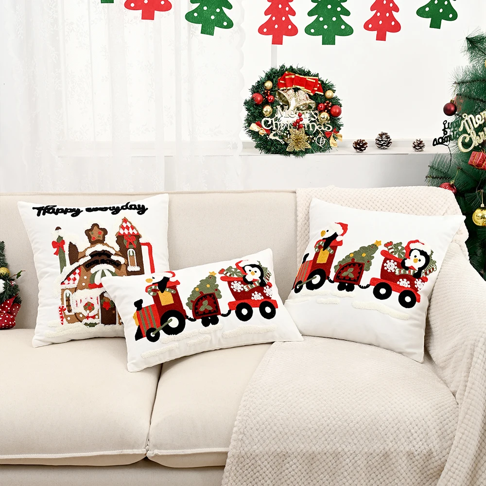 BUYNOW Christmas Penguin Christmas House Embroidered Pillowcase Christmas Atmosphere Living Room Sofa Cushion Cover Home Decor