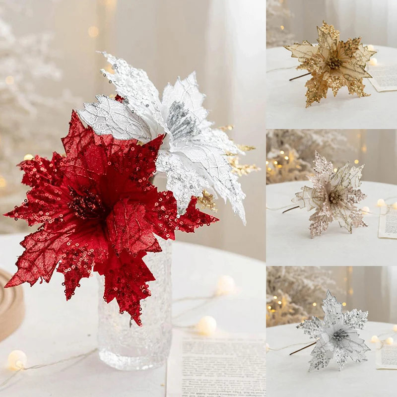 Glitter Sparkling Christmas Flower Artificial Gold Silver Poinsettia Floral Christmas Tree Ornaments New Year Home Party Decor