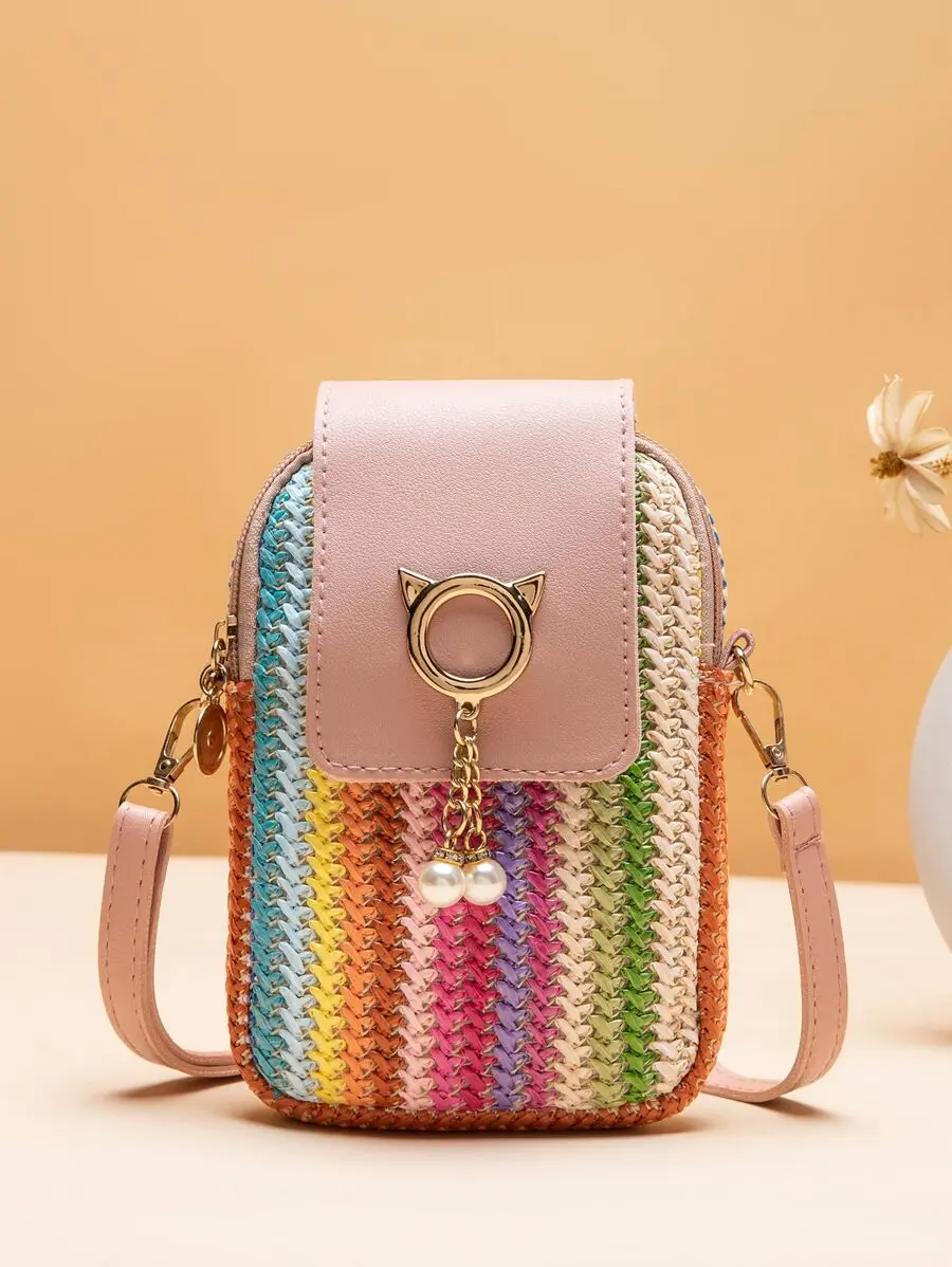 

Colorful Woven Crossbody Bag with Cat-Ear Clasp and Pearl Charm