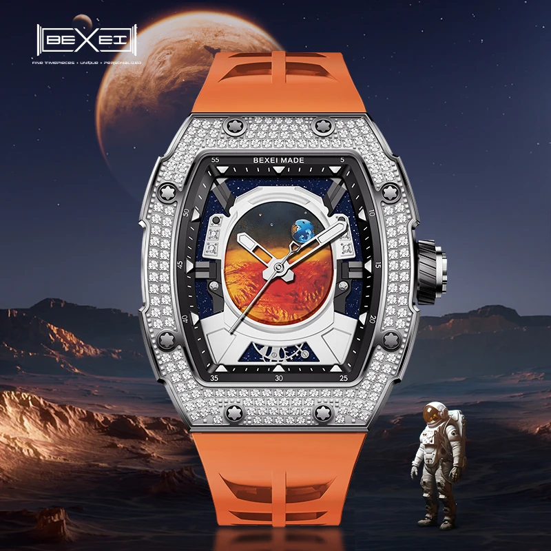 BEXEI 9802 Inlaid zircon astronauts theme Automatic Mechanical watch for men Luxury 80H Power Barrel shaped Sapphire waterproof