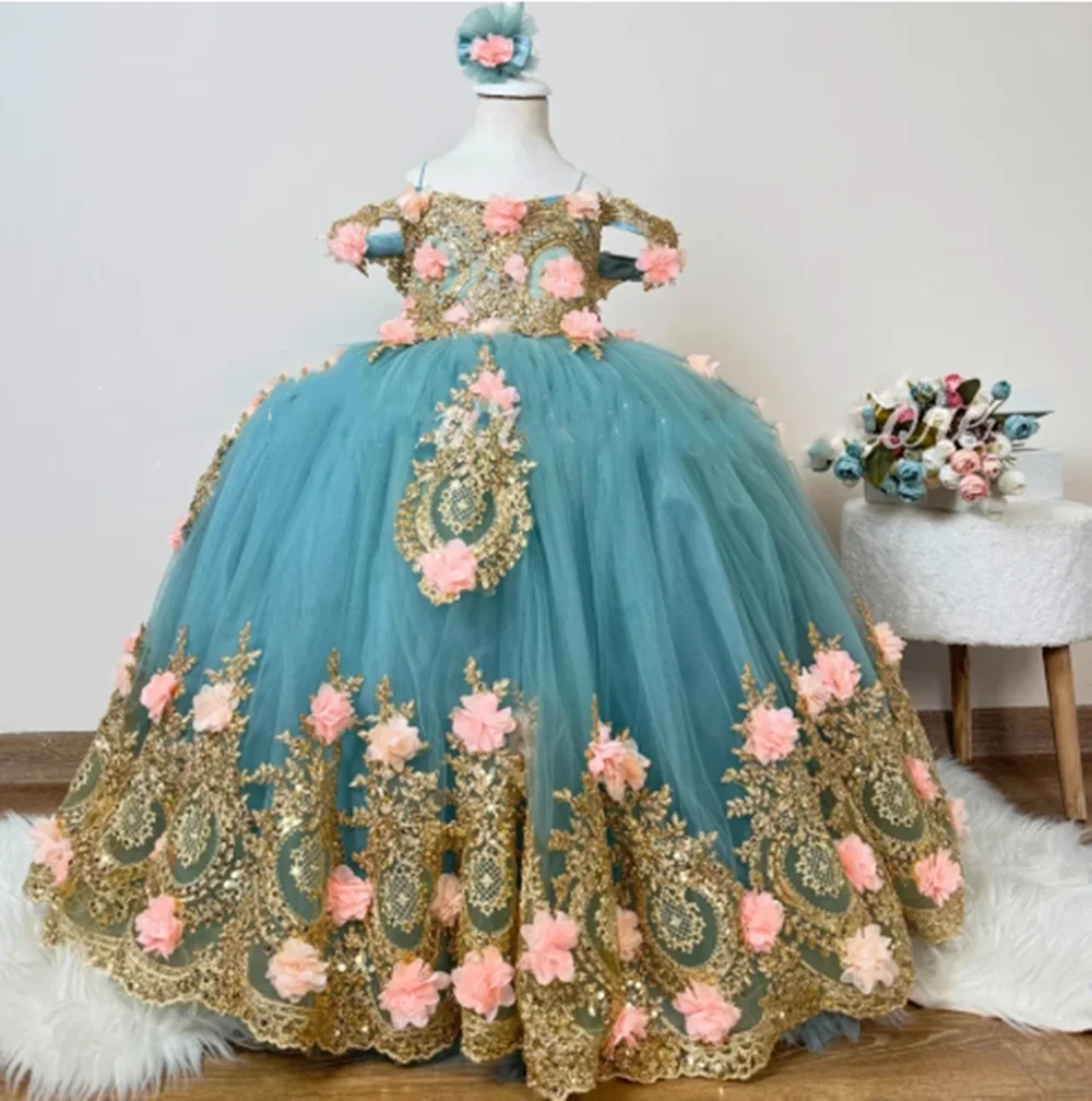 Vestido de princesa de lujo para niñas con flores, tul azul, Apliques de encaje dorado, vestido con hombros descubiertos para boda, cumpleaños, vestidos de primera comunión